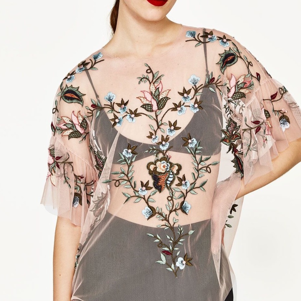 Dusty Pink Floral Embroidered Mesh Top